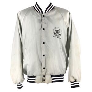 80s silver gray satin Bridgeport bomber jacket Bonifay Wagon Train 1980s vintage